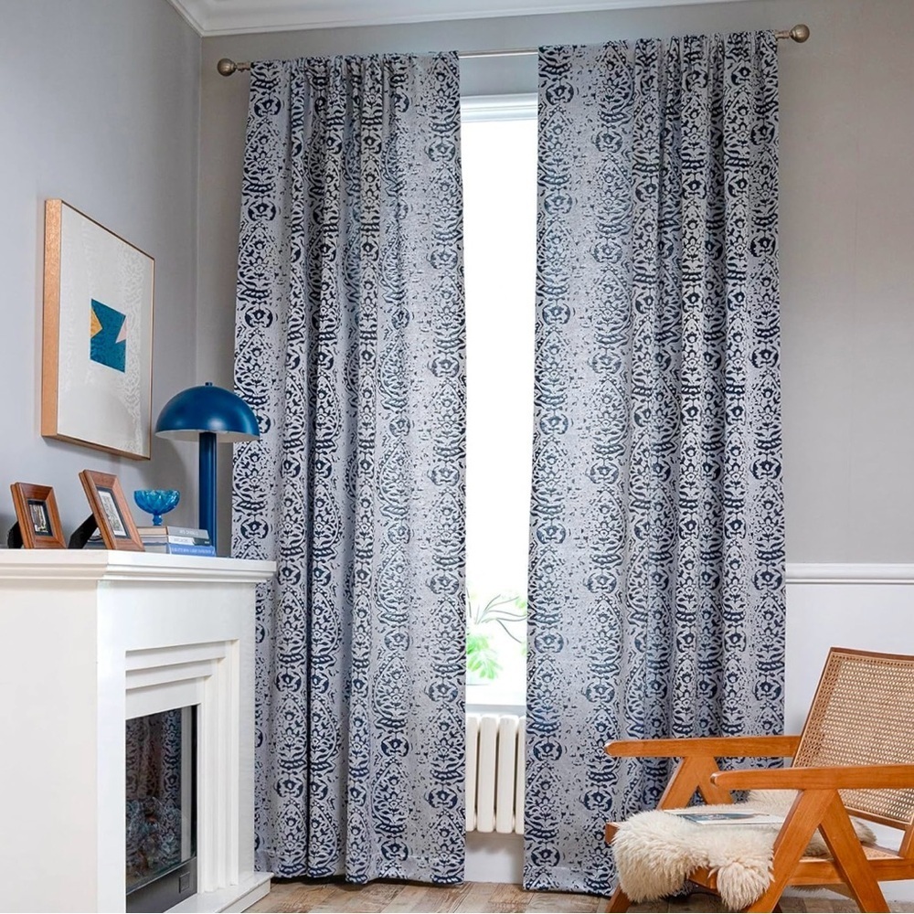 Navy and Silver Damask Medallion Curtains 54”Wx95”L, 2 Panels